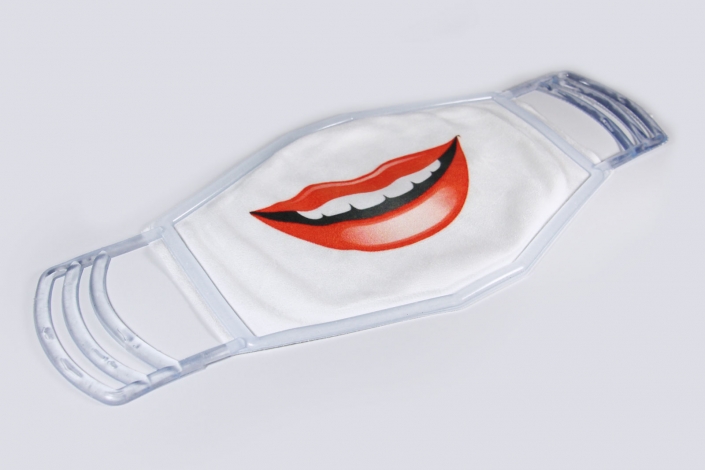 Spannrit Gesichtsmaske mit grinsendem Mund. Aus Mikrofaser. Verstellbar